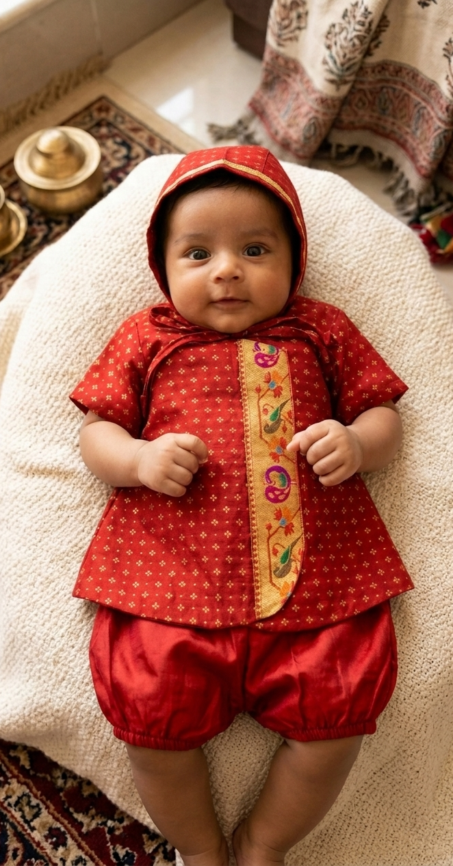 Kiran Set - Scarlet Soft Brocade Silk front open Unisex Jhabala with intricate peacock paithani border teamed with matching bloomer and bonnet for newborn baby