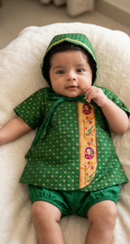 Kiran Set - Dark Green Soft Brocade Silk front open Unisex Jhabala with intricate peacock paithani border teamed with matching bloomer and bonnet for newborn baby