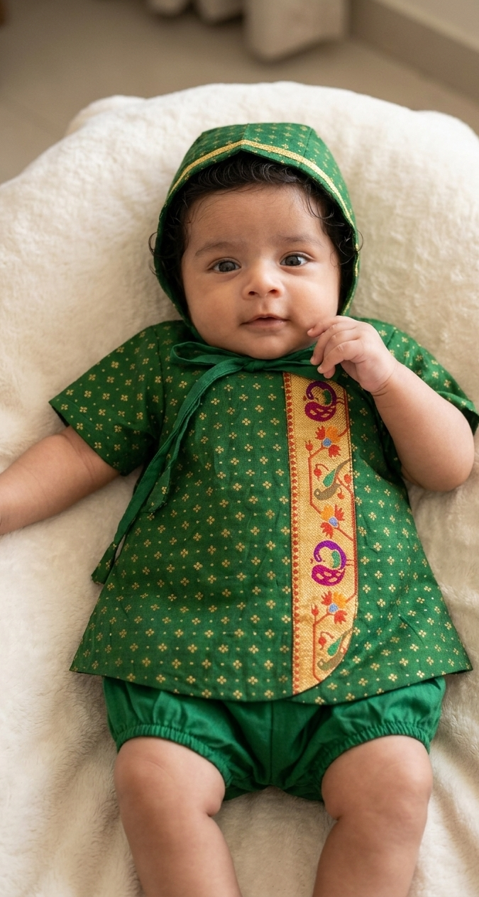 Kiran Set - Dark Green Soft Brocade Silk front open Unisex Jhabala with intricate peacock paithani border teamed with matching bloomer and bonnet for newborn baby