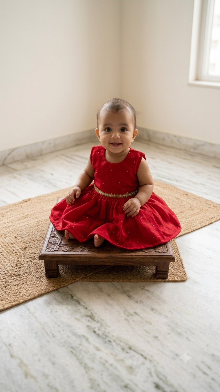 premium silk brocade paithani ethnic frock for newborn baby girl naming ceremony with hair accessories for traditional celebrations, festivals, annaprashan etc