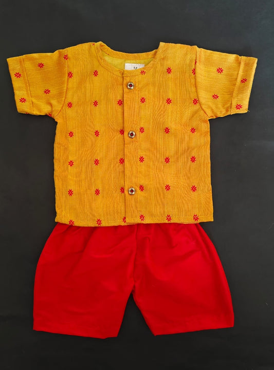 Turmeric yellow and red  raw silk Baba suit for newborn Baby Boy ideal for naming ceremony. It's the perfect outfit for your baby's naming ceremony,naamkaran,annaprashan ceremony.Traditional dress for Noolukettu Ceremony,Pachavi Puja,cradle ceremony,Rice Ceremony,Chatti Puja etc. Apt gifting idea