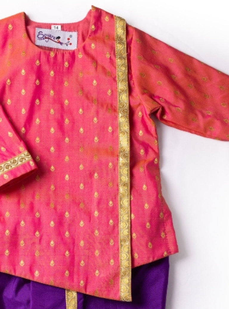 Tanay Blush Pink Brocade Baby Boy Kurta & Purple Dhoti Set