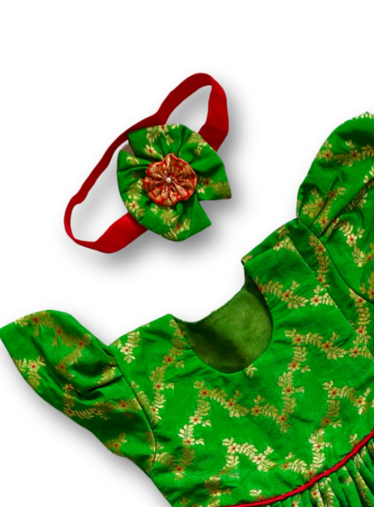 Shubha Green Brocade Silk Baby Girl Dress with Headband