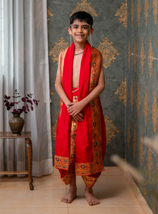 Red Mysore silk sovale uparane set with intricate Peacock Paithani border. Can be paired with a short kurta.Pre-stitched sovale uparane set includes Ready to wear Sovale & Uparane/Upavastra.Can be paired with a short kurta.This Set is ideal for rituals like Matrubhojan,Muhurt during Munj/Upanayan/Vratabandha/Thread Ceremony.