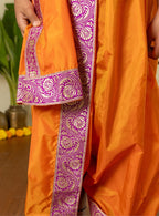 Saffron Silk Sovale Uparane Set With Magenta Banarasi Border
