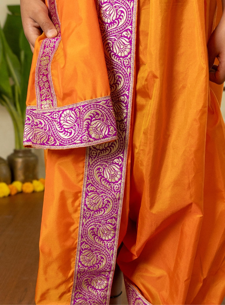 Saffron orange mysore silk sovale Uparane set with dainty magenta banarasi border for Batu