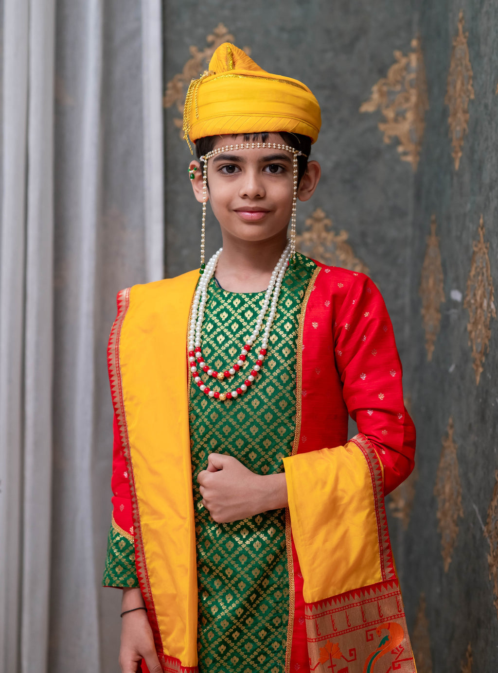Sunshine Yellow Mysore silk sovale uparane set with intricate Peacock Paithani border and Red raw silk jari butta with green brocade silk paneled front open kurta with highlighted cuffs pattern for Batu.This Set is ideal for rituals like Matrubhojan,Muhurt during Munj/Upanayan/Vratabandha/Thread Ceremony.