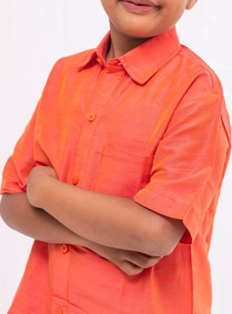 Coral orange Plain Slub Cotton silk half sleeved shirt for Boys