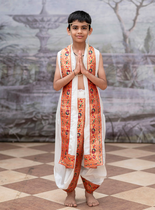 Ivory Mysore Silk Dhoti/Soval/Kad & Shawl/Upran/Shela with Paithani jari Border Set for Batu.Pre-stitched sovale uparane set includes Ready to wear Sovale & Uparane/Upavastra.Can be paired with a short kurta.This Set is ideal for rituals like Matrubhojan,Muhurt during Munj/Upanayan/Vratabandha/Thread Ceremony.