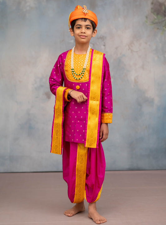 Magenta raw silk with jari butta short kurta with same coloured sovale and shela set with yellow border for Batu.Pre-stitched sovale uparane set includes Ready to wear Sovale & Uparane/Upavastra.Can be paired with a short kurta.This Set is ideal for rituals like Matrubhojan,Muhurt during Munj/Upanayan/Vratabandha/Thread Ceremony.