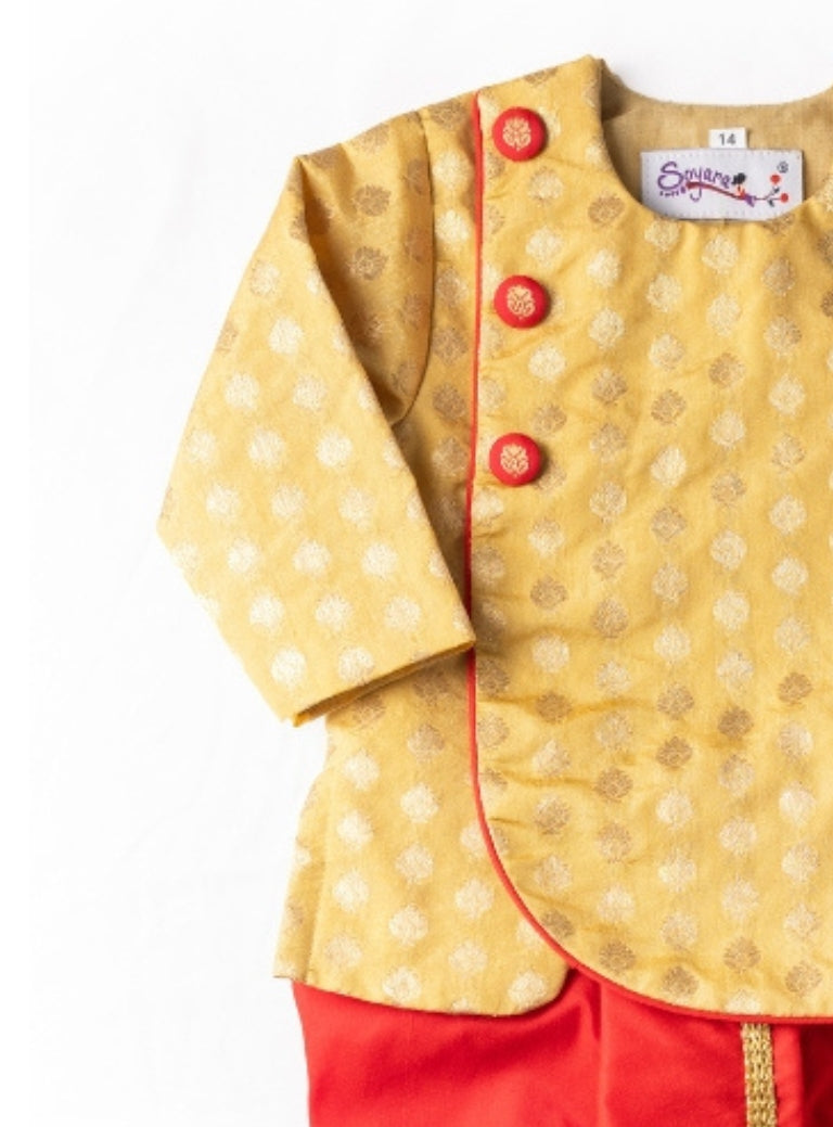 Mohak Baby Boy Golden Brocade Silk Kurta & Red Dhoti Set