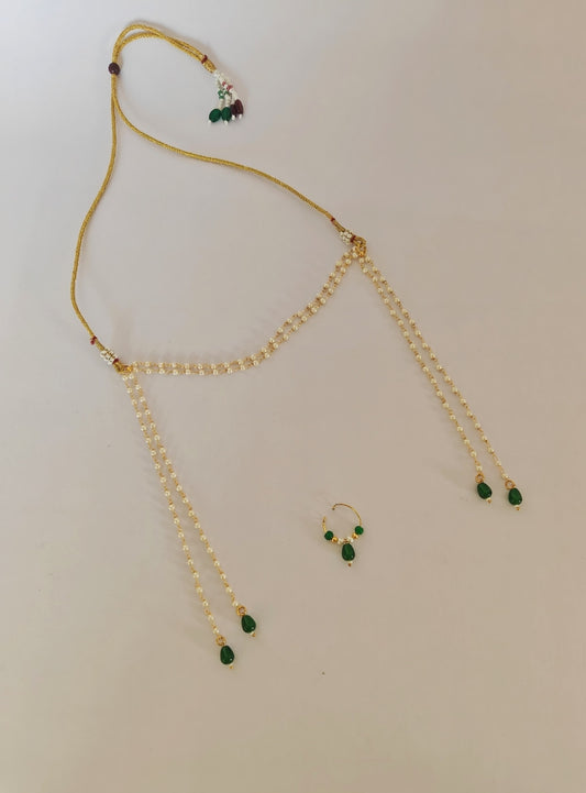 Pearls with Green glass beads Mundavali and bhikbali combo for batu/groom.Mundavalya,kanthi,bhikbali,topi,pagdi are boys accessories exclusively designed using Pearls,glass beads,jadau & gold plated findings for Batu,for Upanayan/Vratabandha/munj /thread ceremony.