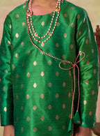 Green Raw Silk Angarakha Kurta With Gota Patti