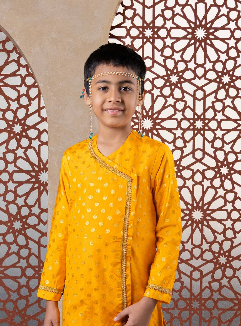 Yellow Satin Silk Jari Butta Kurta With Pearl Lace For Batu