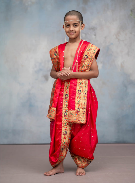 Scarlet red satin taffeta silk  sovale uparane set with intricate parrot peacock paithani border for batu.Pre-stitched sovale uparane set includes Ready to wear Sovale & Uparane/Upavastra.Can be paired with a short kurta.This Set is ideal for rituals like Matrubhojan,Muhurt during Munj/Upanayan/Vratabandha/Thread Ceremony.