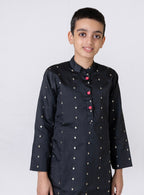 Black Taffeta Silk Front Placket Kurta With Pink Buttons