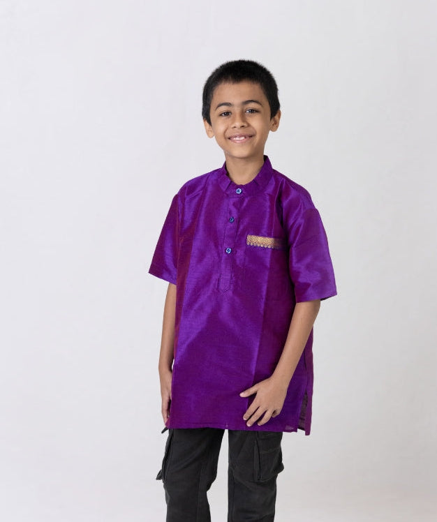 Purple Dupion silk stand collar half sleeves short kurta with paithani lace detailing on pocket for Boys