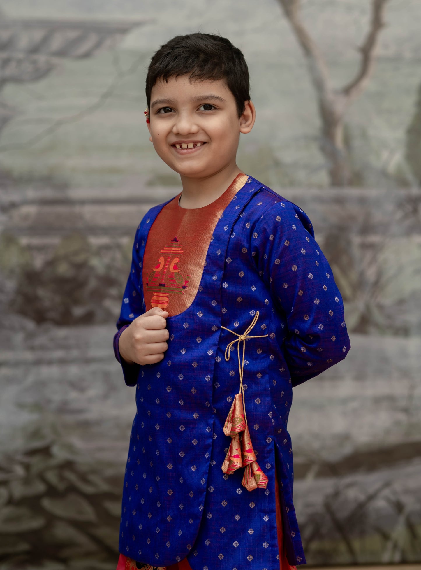 Royal Purple raw silk jari butta, Angarkha short kurta with Paithani yoke for Batu.Kurta is ideal for rituals like Matrubhojan,Muhurt during Munj/Upanayan/Vratabandha/Thread Ceremony.
