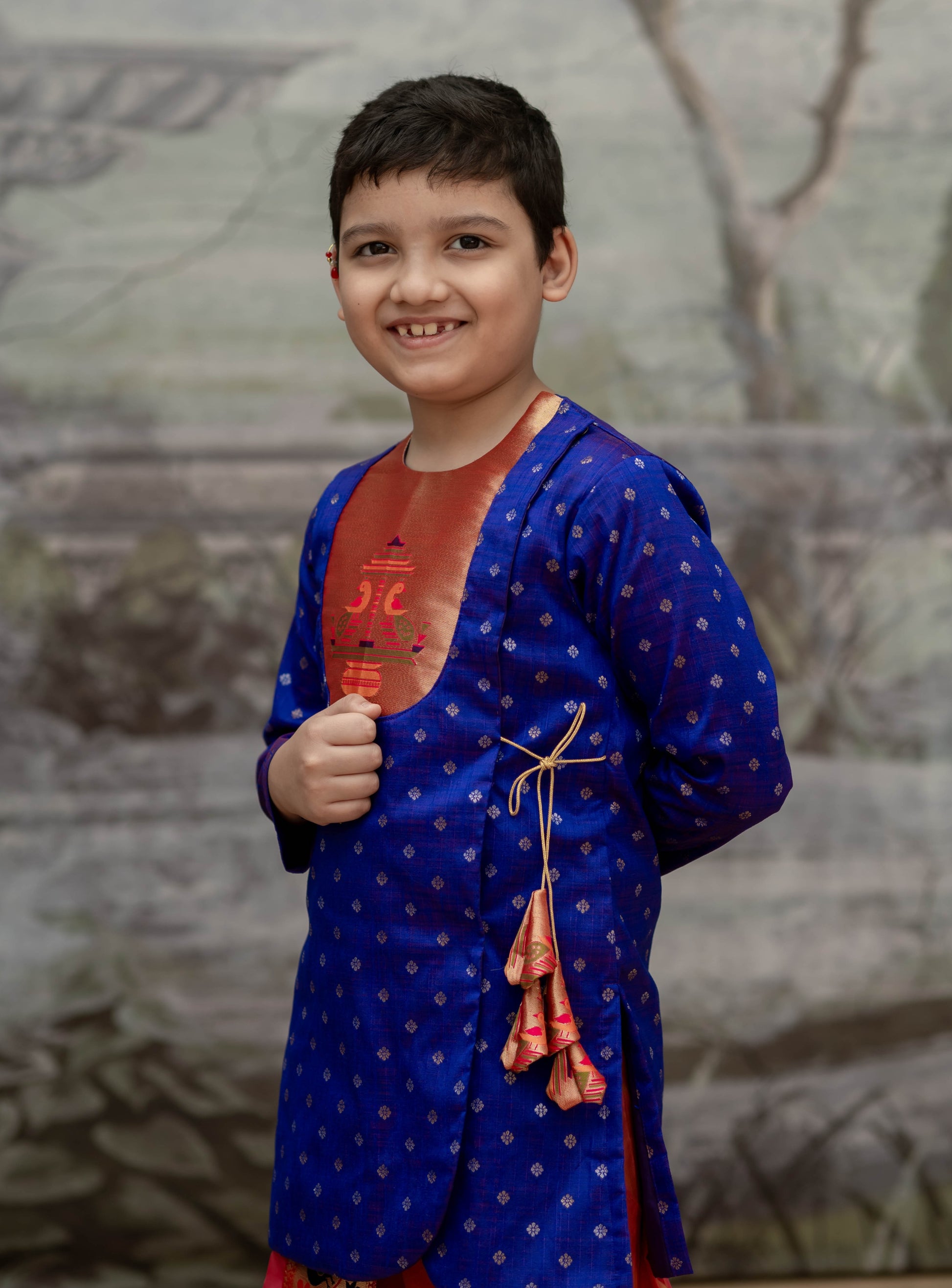 Royal Purple raw silk jari butta, Angarkha short kurta with Paithani yoke for Batu.Kurta is ideal for rituals like Matrubhojan,Muhurt during Munj/Upanayan/Vratabandha/Thread Ceremony.