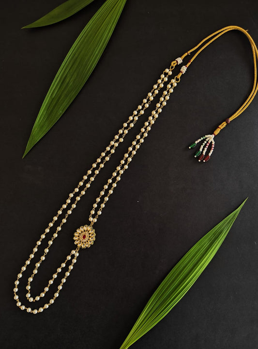 Pearl Double Layer Kanthi with Drop shaped kundan work bead for Batu.Mundavalya,kanthi,bhikbali,topi,pagdi are boys accessories exclusively designed using Pearls,glass beads,jadau & gold plated findings for Batu,for Upanayan/Vratabandha/munj /thread ceremony.