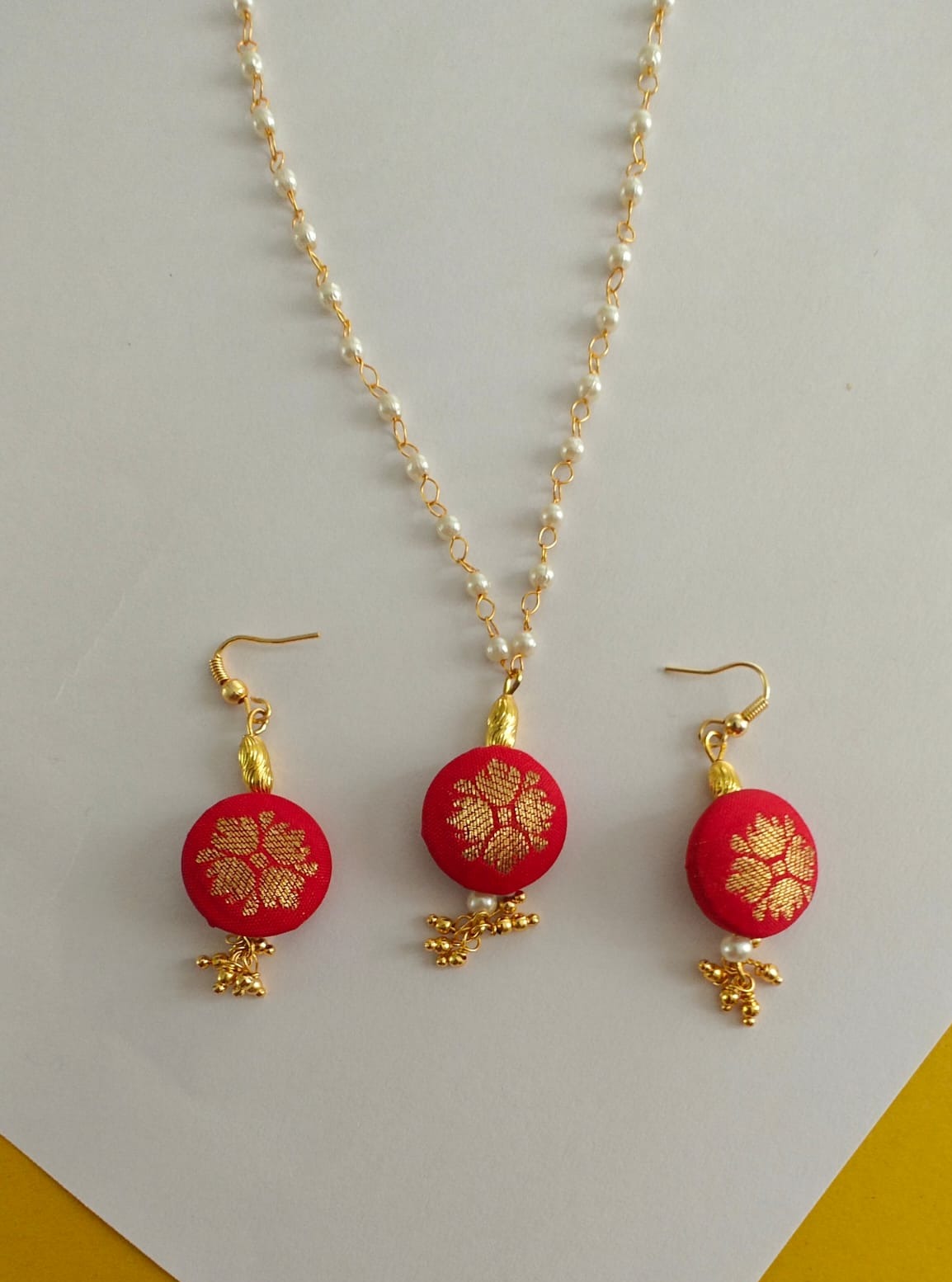 Accessories gifts fancy traditional ethnic for kids trendy handmade fabric accessories brocade handcrafted matching assorted mix n match pearl multicolour metal golden party wear beaded glass beads trendy gold plated earrings pendant    