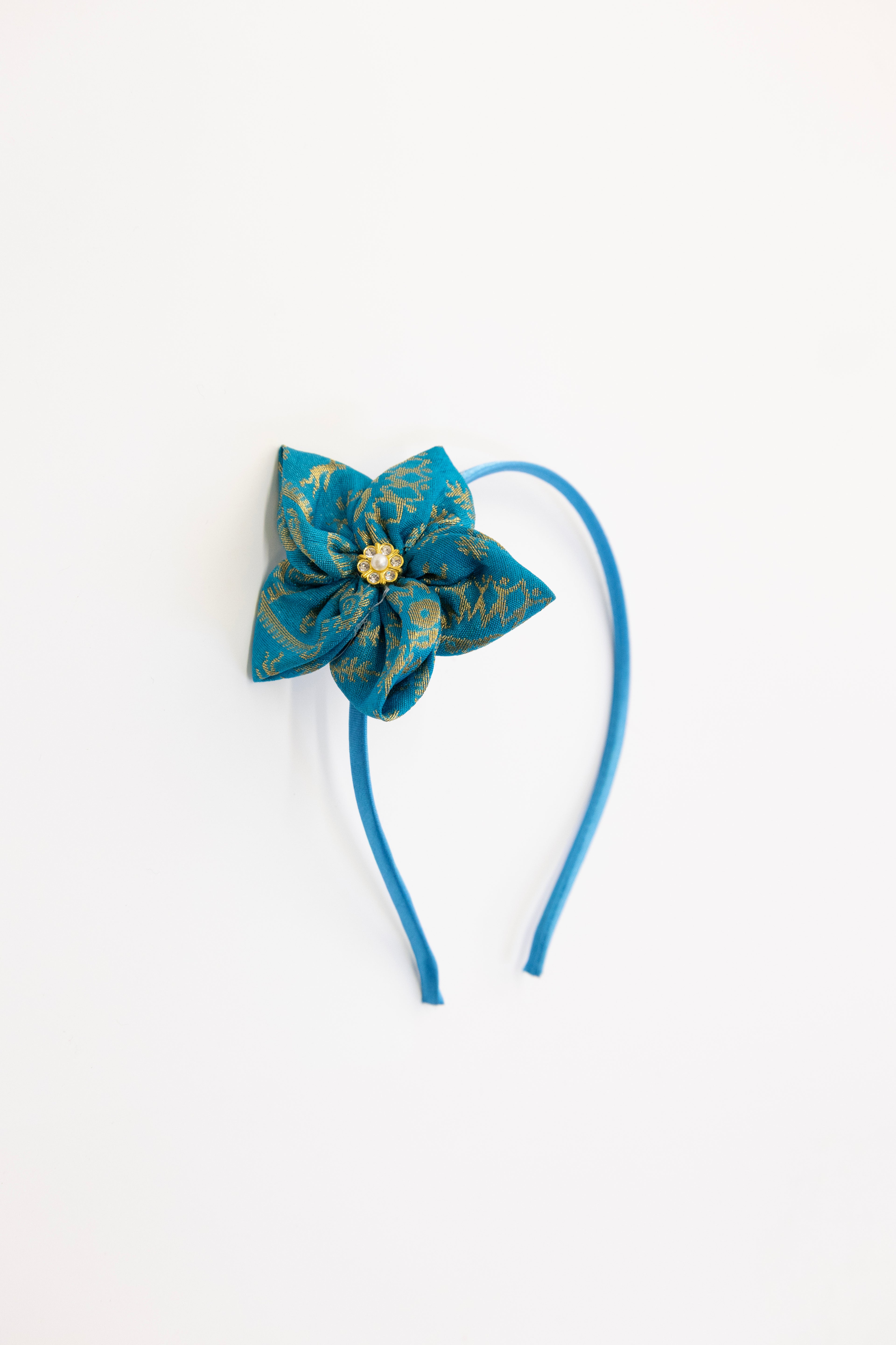 Teal Blue brocade handcrafted fabric sadafuli flower hairband for Girls
