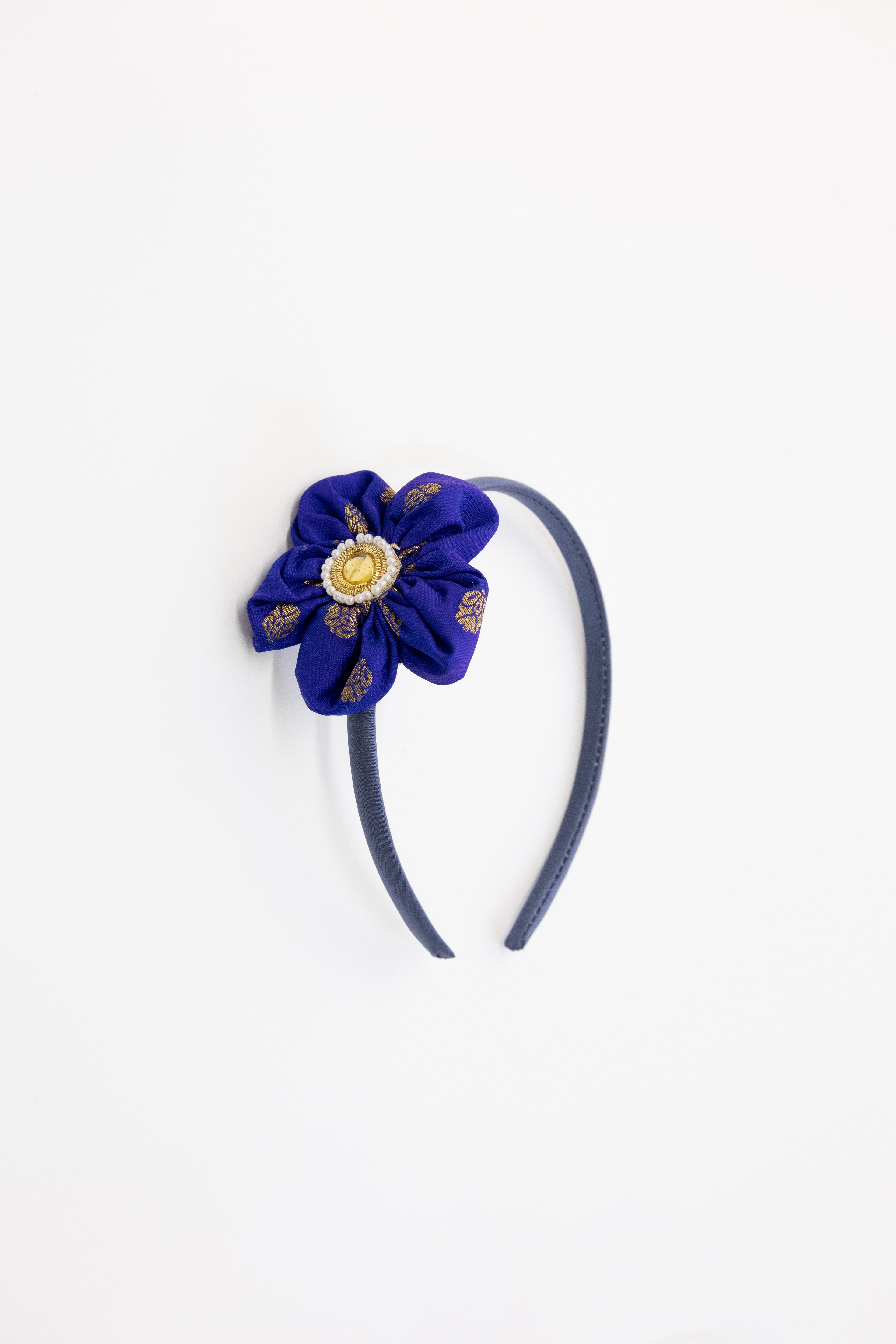 Royal Blue brocade silk shevanti shaped flower hairband for Girls