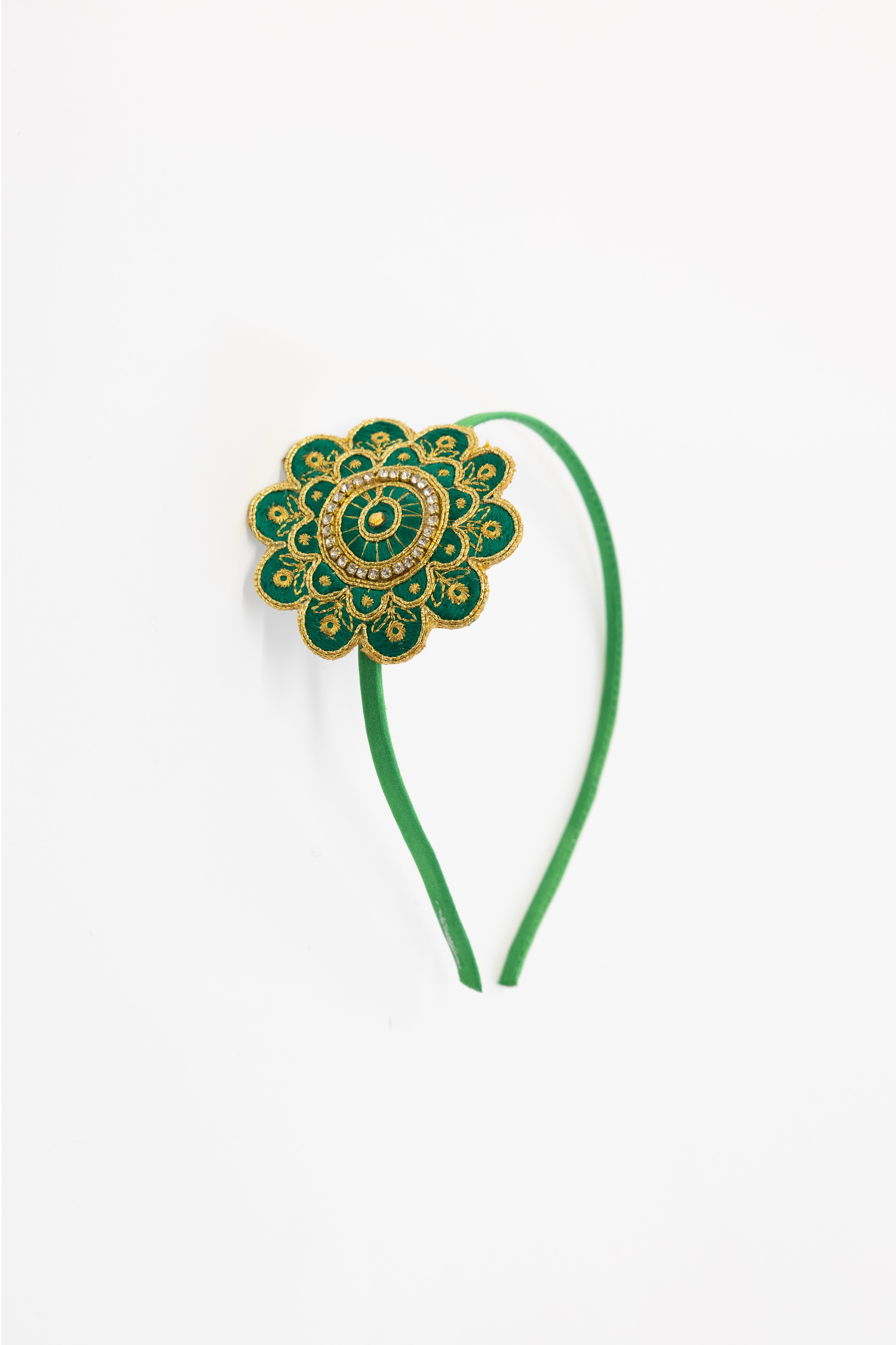 Green Embroidered and stone embellished flower shaped hairband for Girls