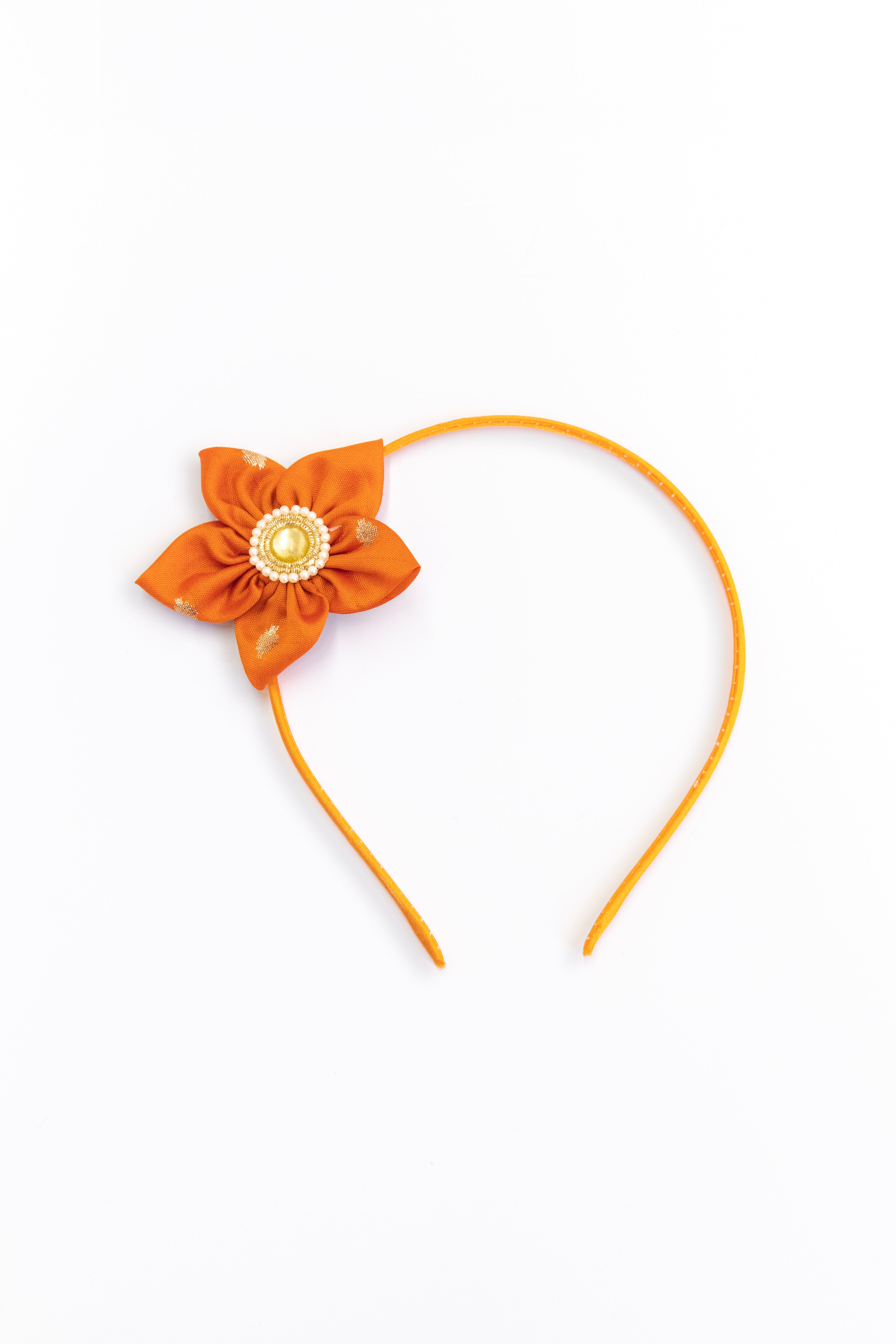 Orange brocade handcrafted fabric sadafuli flower hairband for Girls