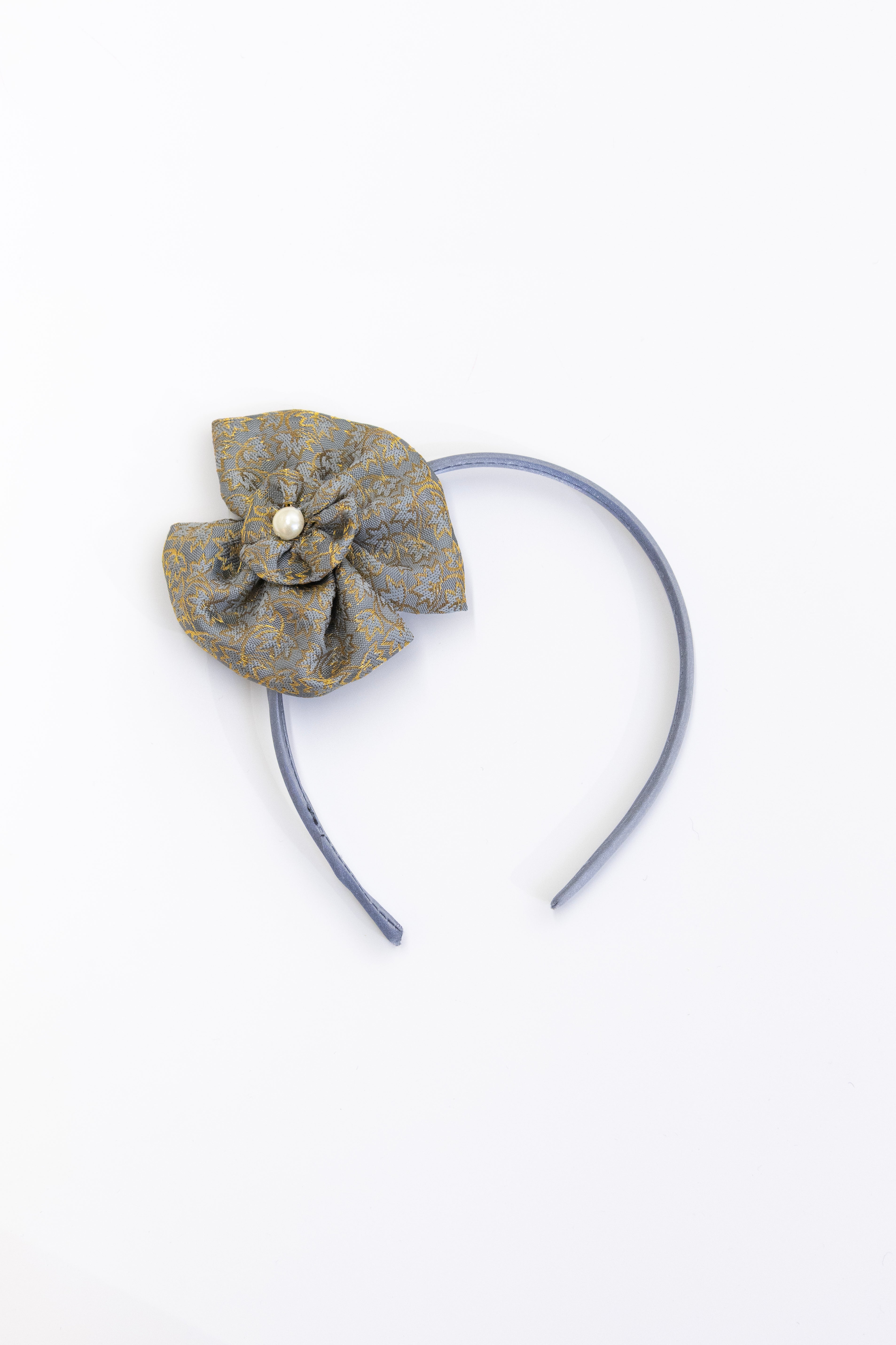 Grey brocade silk Round shaped flower hairband for Girls