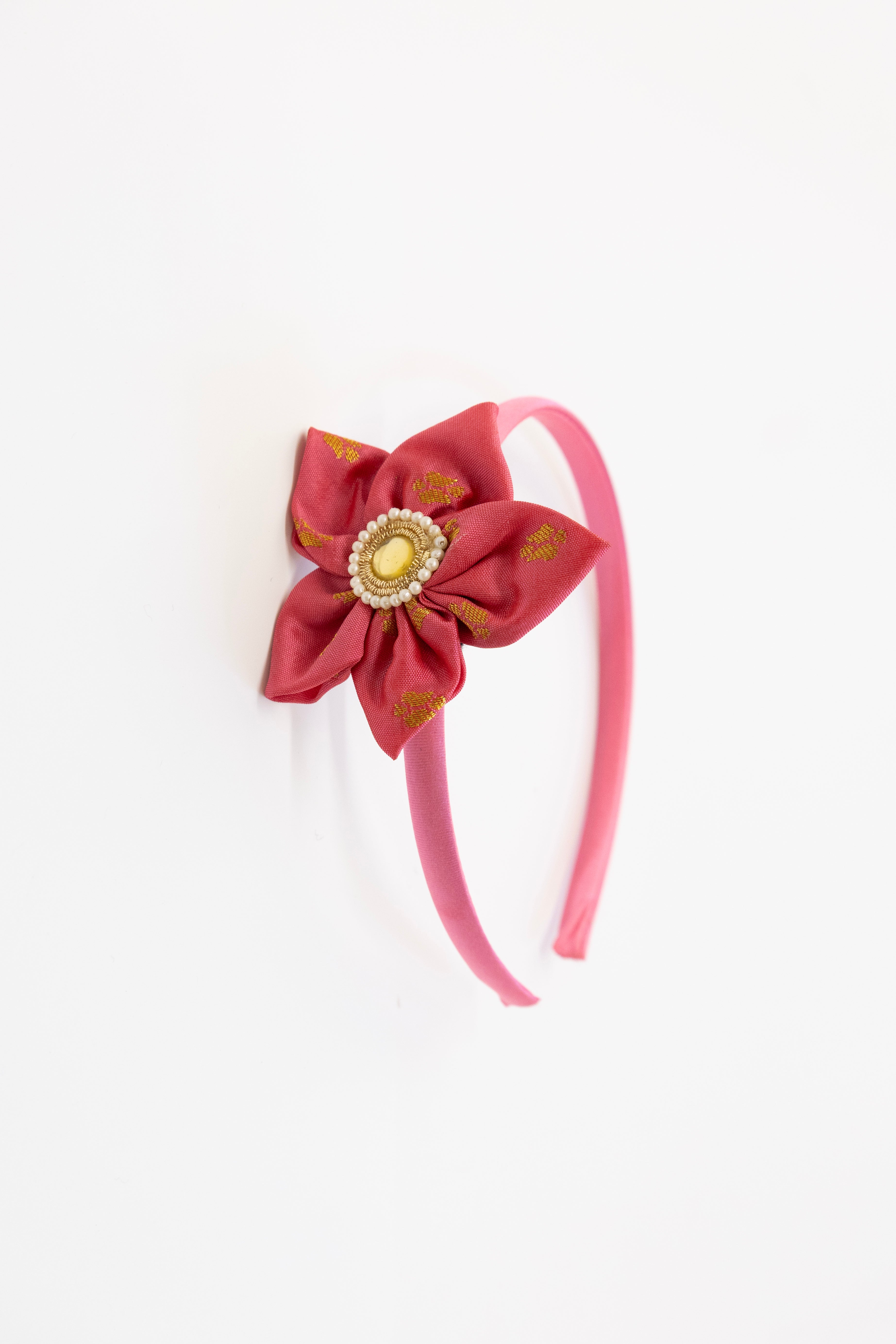 Carrot Pink brocade handcrafted fabric sadafuli flower hairband for Girls