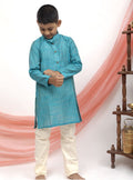 Teal Blue Cotton silk striped regular stand collar kurta for Boys
