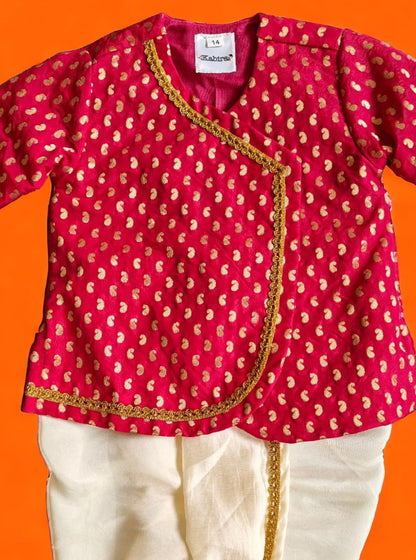 Dark Red dhoti kurta set It's the perfect outfit for your baby's naming ceremony,naamkaran,annaprashan ceremony.Traditional dress for Noolukettu Ceremony,Pachavi Puja,cradle ceremony,Rice Ceremony,Chatti Puja etc. Apt gifting idea