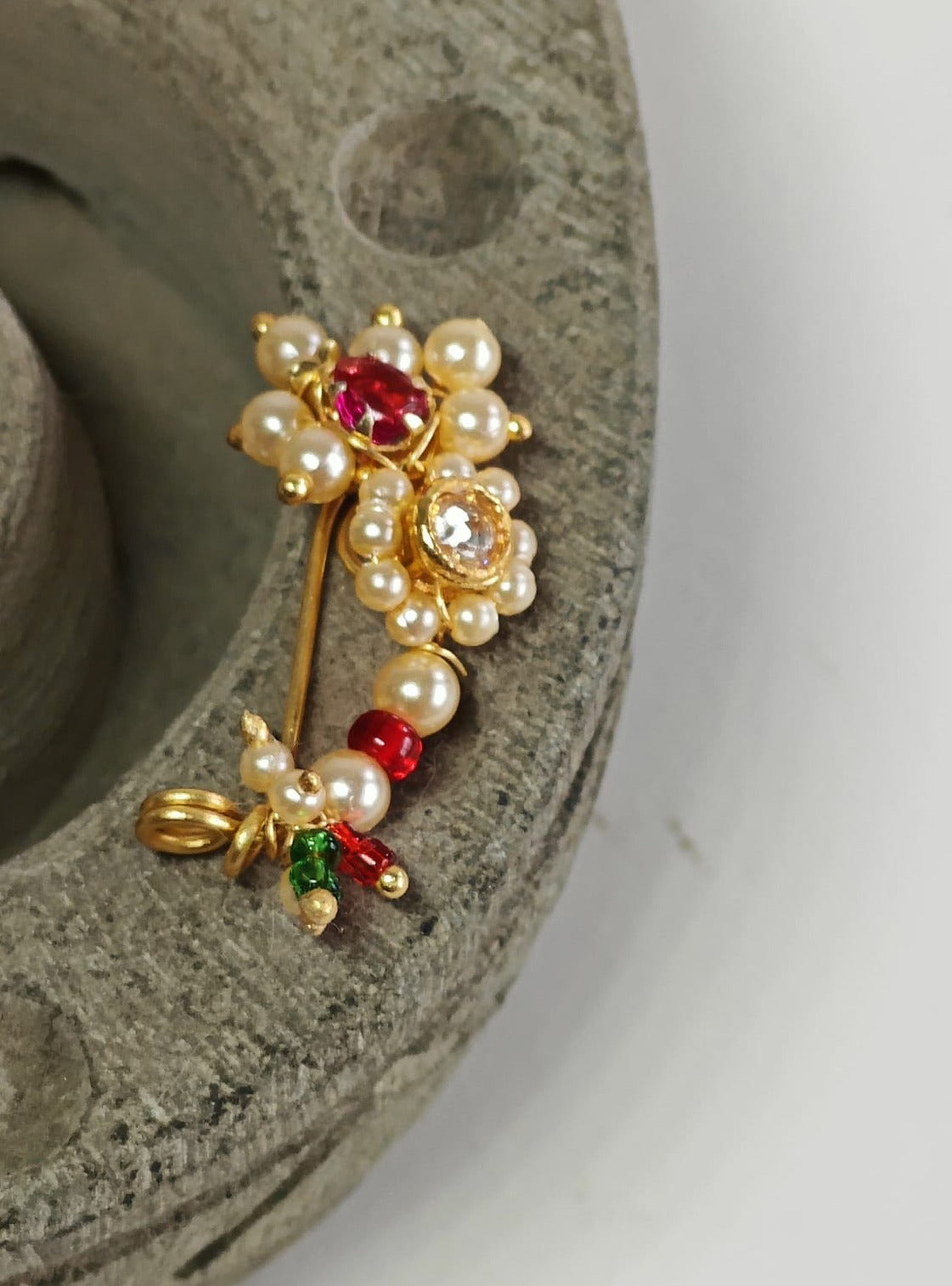 Gold Plated Marathi Mini Nath- Pink and White for girl.Adorn your princess with head to toe premium quality handcrafted accessories made from allergy free, best quality materials.