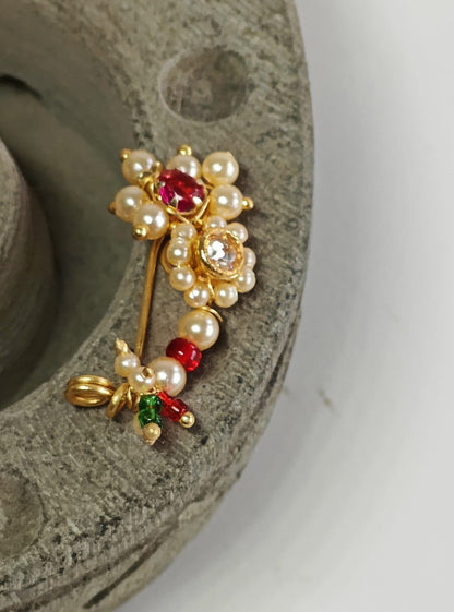 Gold Plated Marathi Mini Nath- Pink Accessories gifts fancy traditional ethnic trendy handmade accessories handcrafted matching assorted mix n match pearl multicolour metal golden nath nose pin nathani Marathi gold plated Maharashtrian accessory