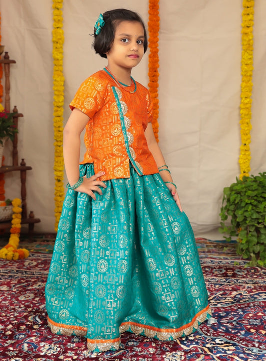 Teal Blue brocade parkar with golden border and Orange highlight teamed with orange brocade overlap pattern polka