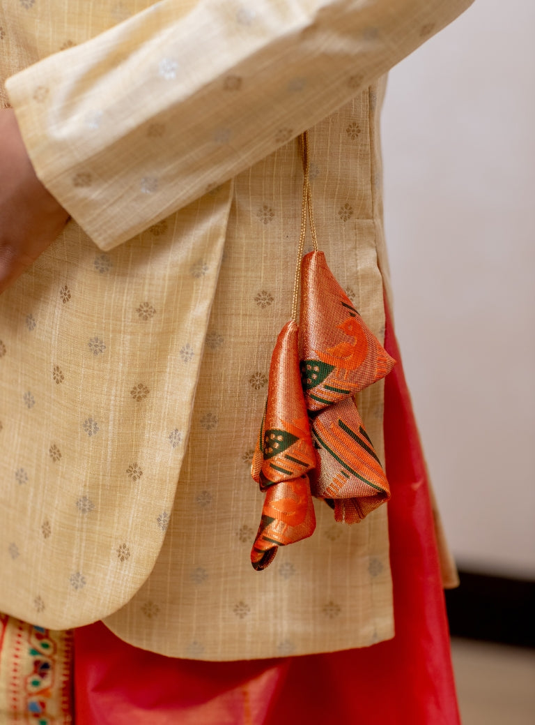 Beige raw silk jari butta, Angarkha short kurta with Paithani yoke for Batu