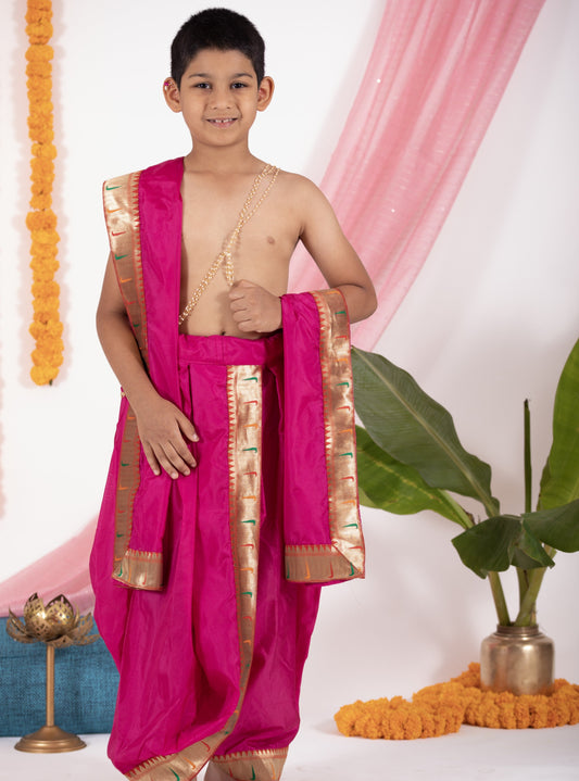 Ruby Pink Mysore Silk Dhoti/Soval/Kad & Shawl/Upran/Shela with Paithani jari Border Set for Batu.Pre-stitched sovale uparane set includes Ready to wear Sovale & Uparane/Upavastra.Can be paired with a short kurta.This Set is ideal for rituals like Matrubhojan,Muhurt during Munj/Upanayan/Vratabandha/Thread Ceremony.