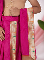 Ruby Pink Mysore Silk Dhoti/Soval/Kad & Shawl/Upran/Shela with Paithani jari Border Set for Batu.Pre-stitched sovale uparane set includes Ready to wear Sovale & Uparane/Upavastra.Can be paired with a short kurta.This Set is ideal for rituals like Matrubhojan,Muhurt during Munj/Upanayan/Vratabandha/Thread Ceremony.