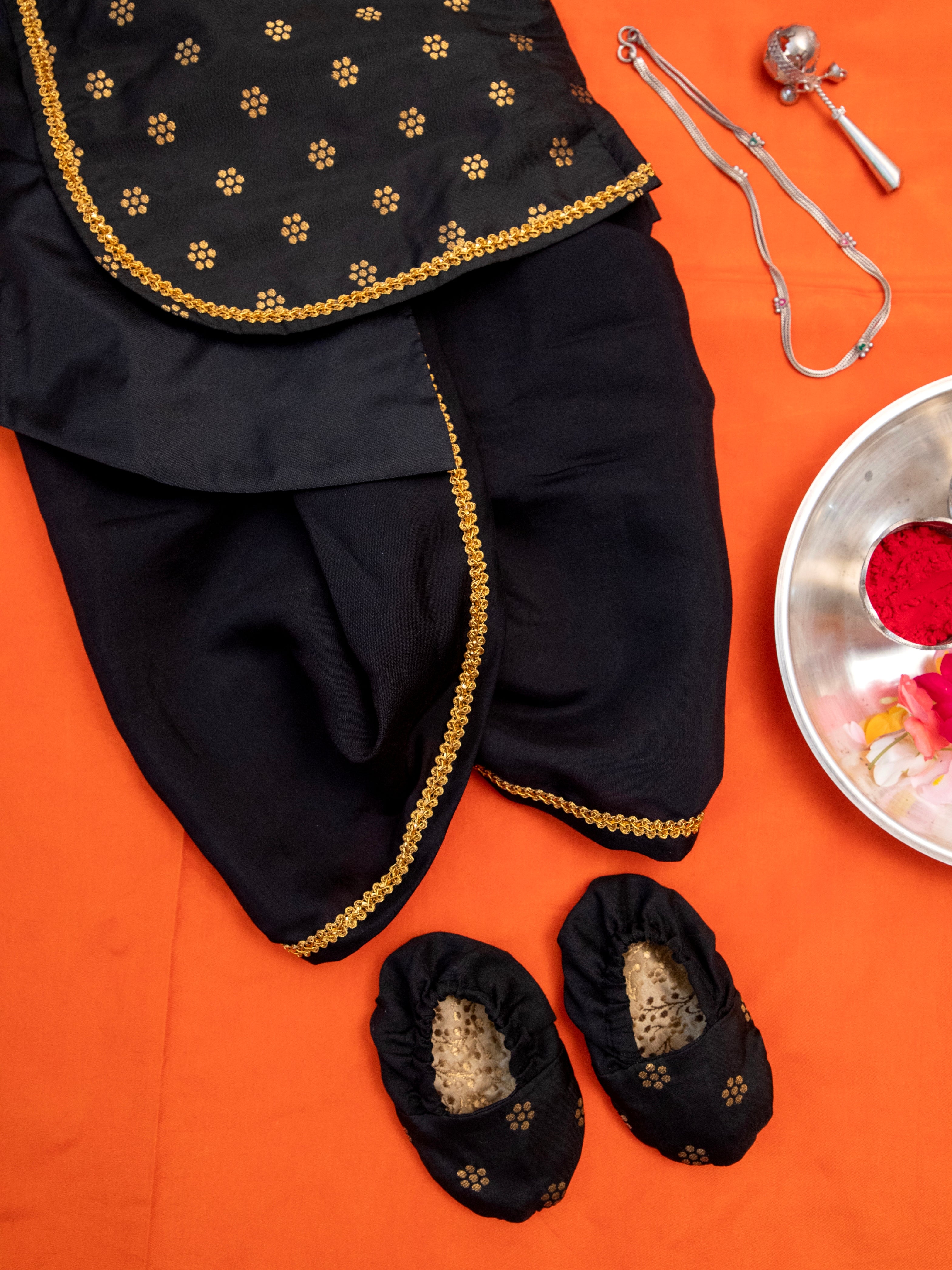 Black Brocade New born Baby boy Dhoti Kurta Set with coordinated Bonne Soyara Ethnics Studio