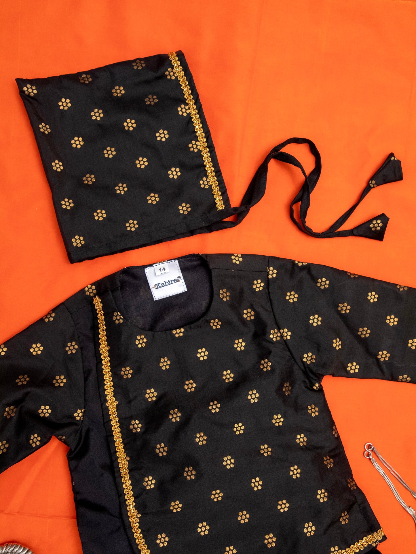 Black Brocade New born Baby boy Dhoti Kurta Set with coordinated Bonne