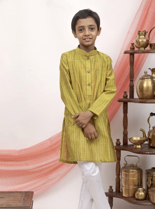 Olive Green Cotton silk striped regular stand collar kurta.Kurtas with collar or Angrakha pattern teamed with salwar are the best choice for any festive occasion for boys. They are Trendy, Easy to wear and comfortable to carry.