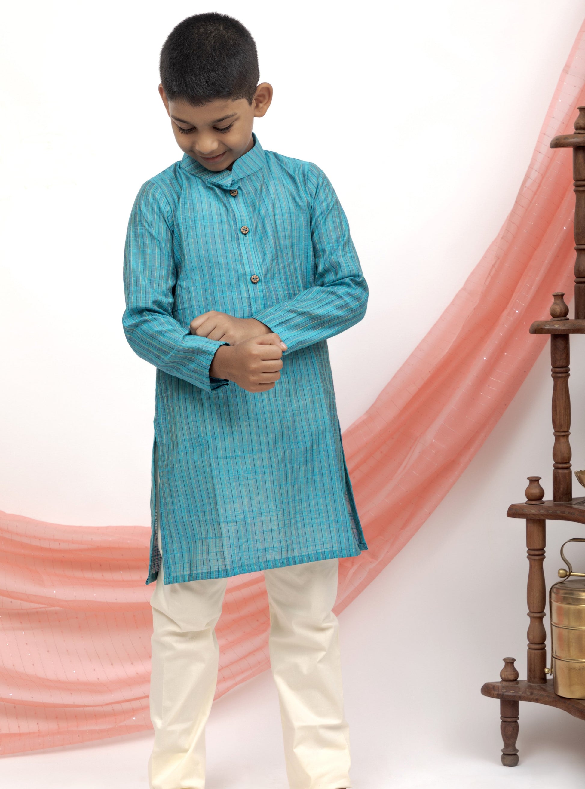 teal blue cotton silk traditional ethnic brocade printed silk cotton kurta pyjama salwar suit pajama churidar set sherwani jacket for baby boy kids 