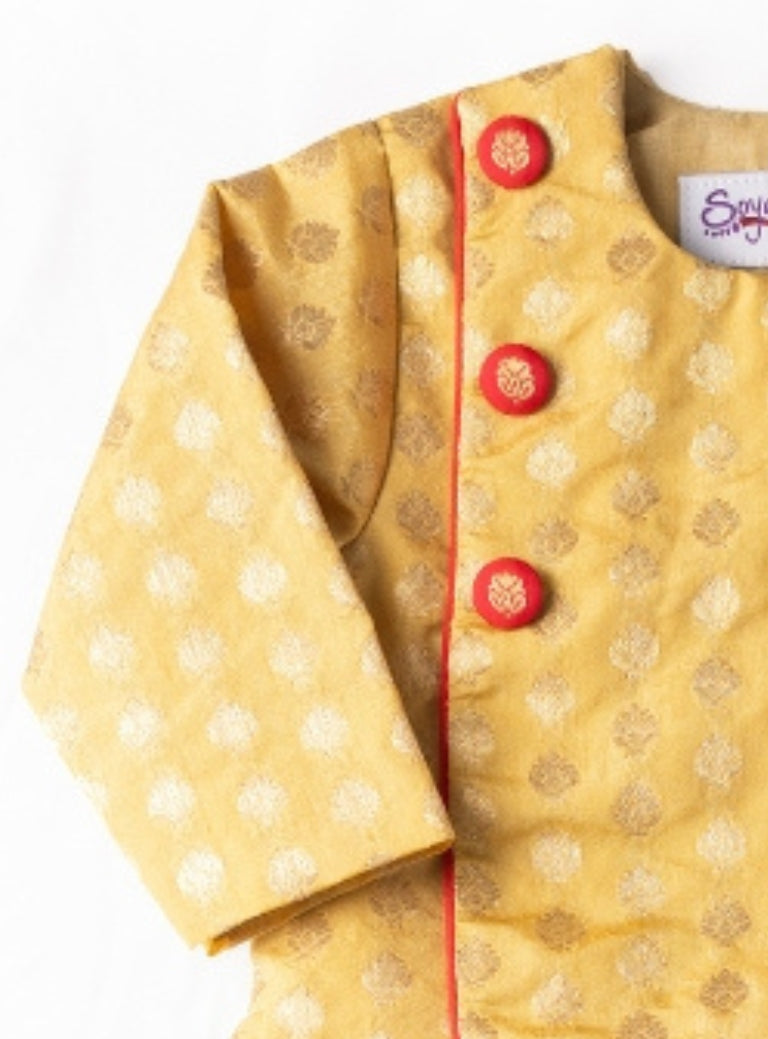 Mohak Baby Boy Golden Brocade Silk Kurta & Red Dhoti Set