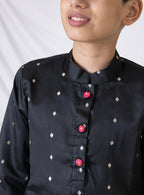 Black Taffeta Silk Front Placket Kurta With Pink Buttons