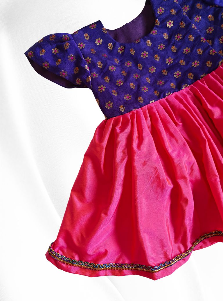 Purple  brocade with hot pink silk front open newborn baby girl frock for naming ceremony with bonnet,bloomer & booties.It's the perfect outfit for your naamkaran or annaprashan ceremony.Traditional dress for Noolukettu Ceremony,Pachavi Puja,cradle ceremony,Rice Ceremony,Chatti Puja etc.Apt gifting idea 