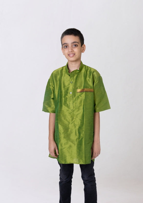 Olive Green Dupion silk stand collar half sleeves short kurta with paithani lace detailing on pocket for Boys