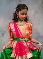 Leaf green soft raw silk ghagra with orange banaras brocade choli and Rani pink coloured chanderi silk dupatta for Brahmavadini