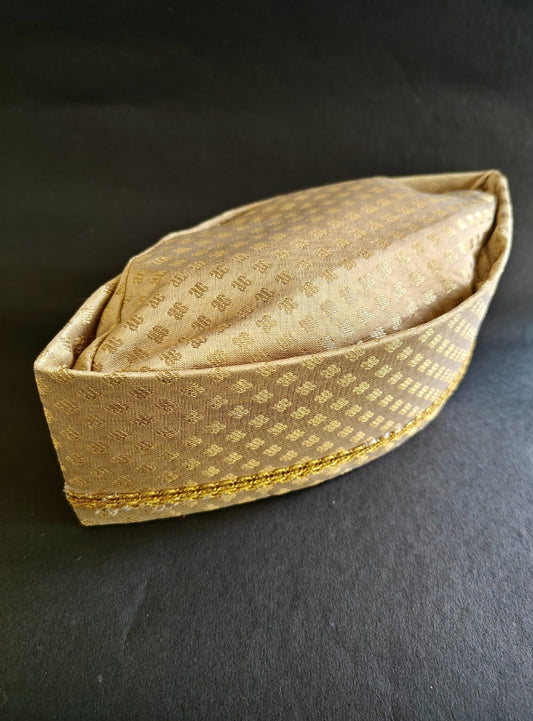 Golden brocade Yajman Topi with Golden border for Batu.Perfect Accessory for any Puja or Festival.Mundavalya,kanthi,bhikbali,topi,pagdi are boys accessories exclusively designed using Pearls,glass beads,jadau & gold plated findings for Batu,for Upanayan/Vratabandha/munj /thread ceremony.