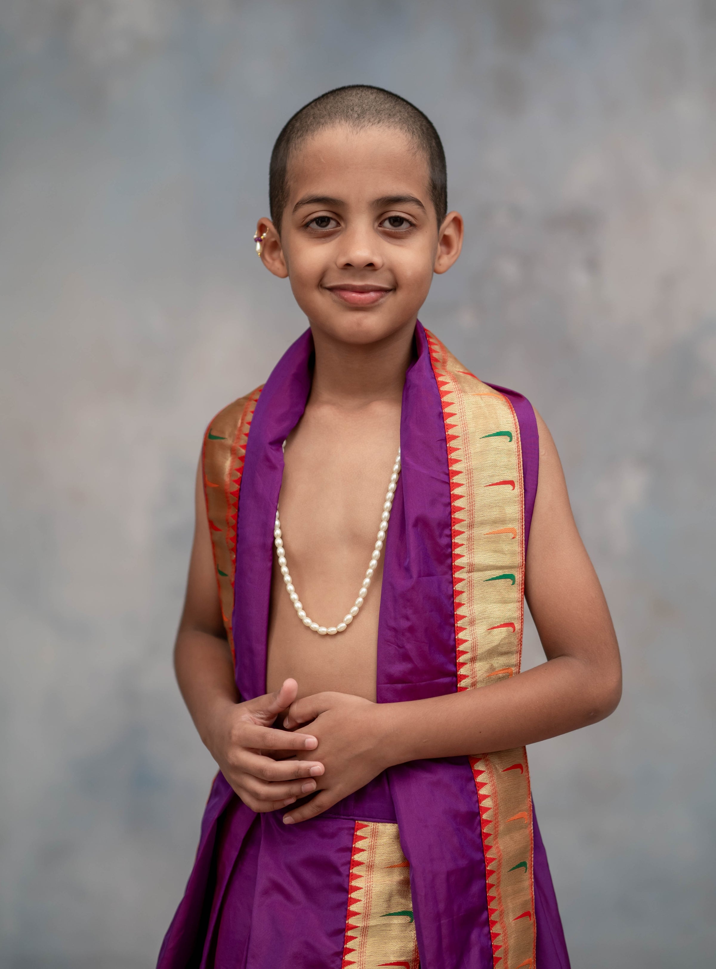Purple Mysore silk sovale uparane set with Muniya Paithani border for Batu